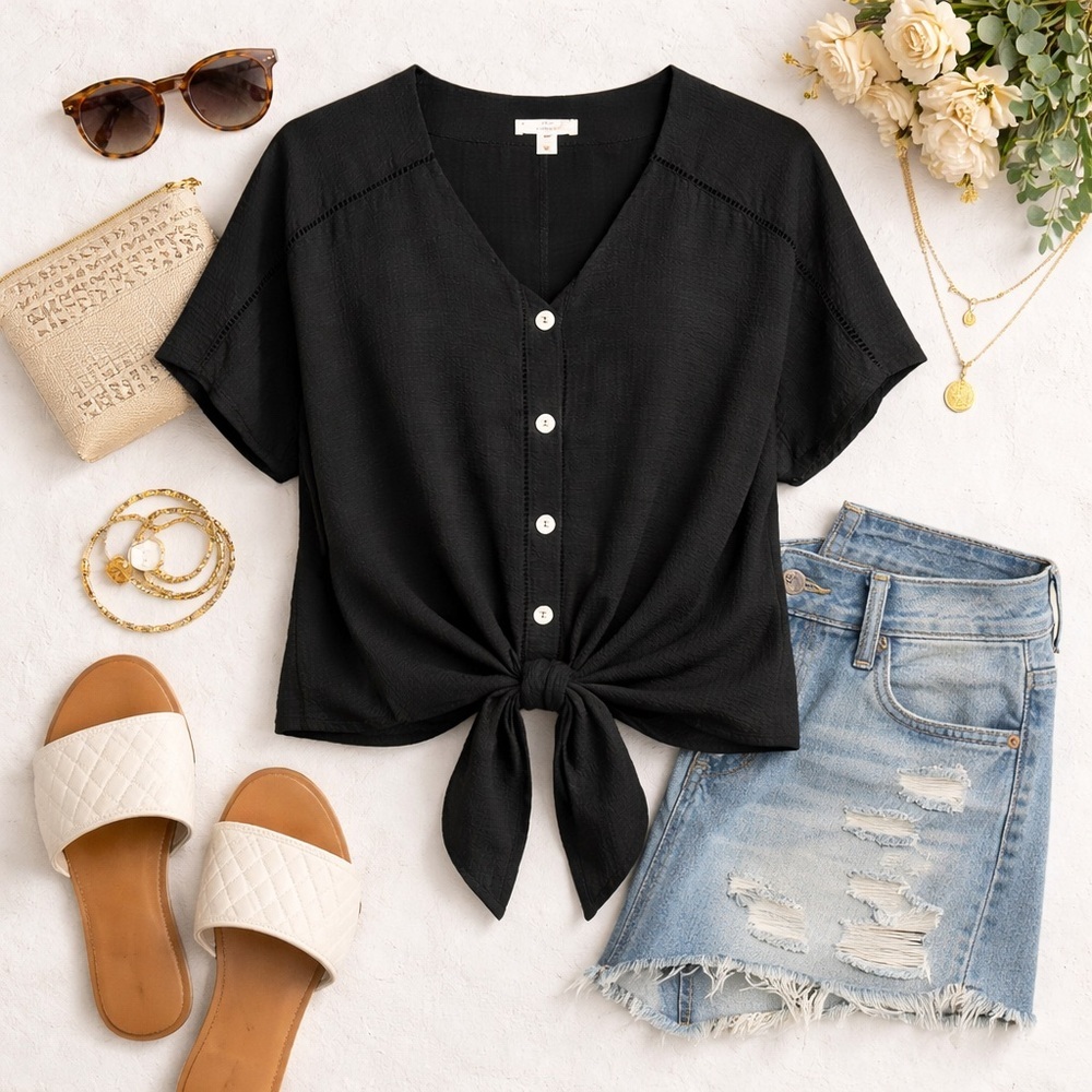 COMO VINTAGE | Black Button Front Textured Blouse | Short Sleeve | Size M